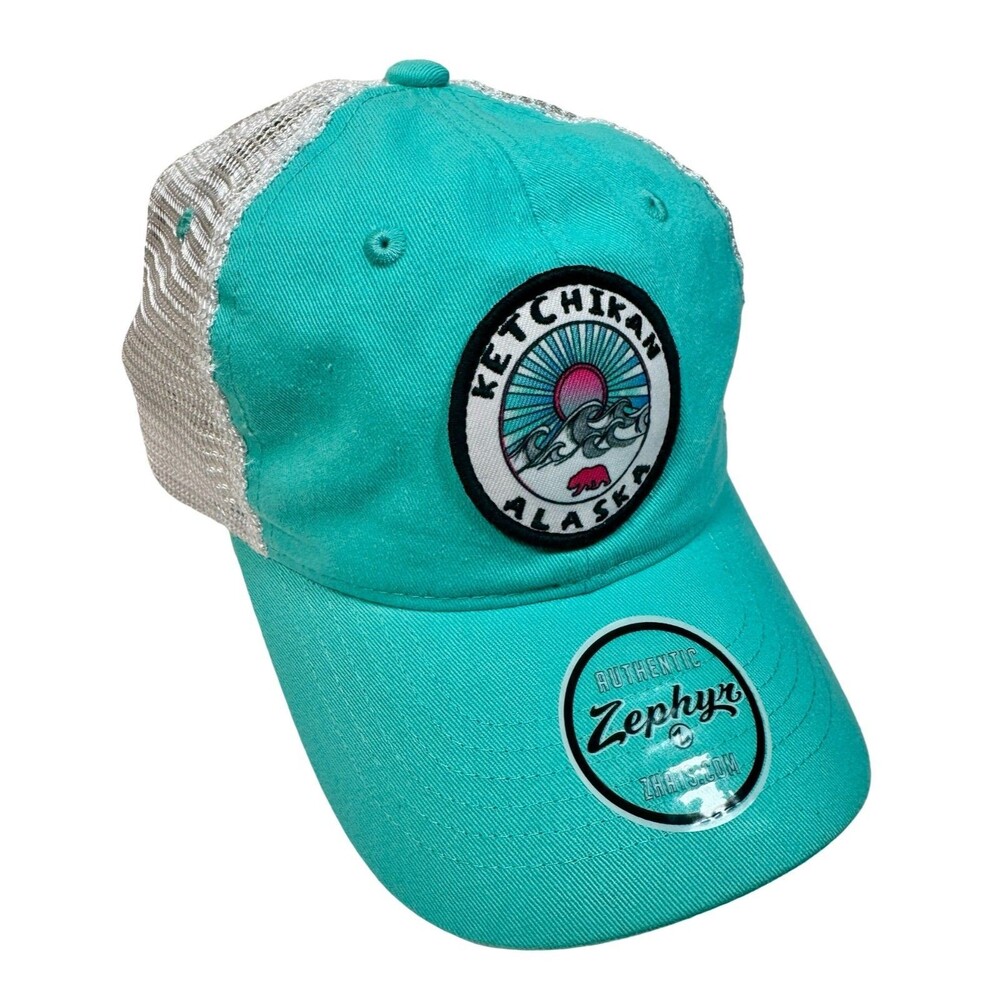Ketchikan Alaska NWT Zephyr Snapback Trucker Hat Aqua Turquoise Grizzly Sunset
